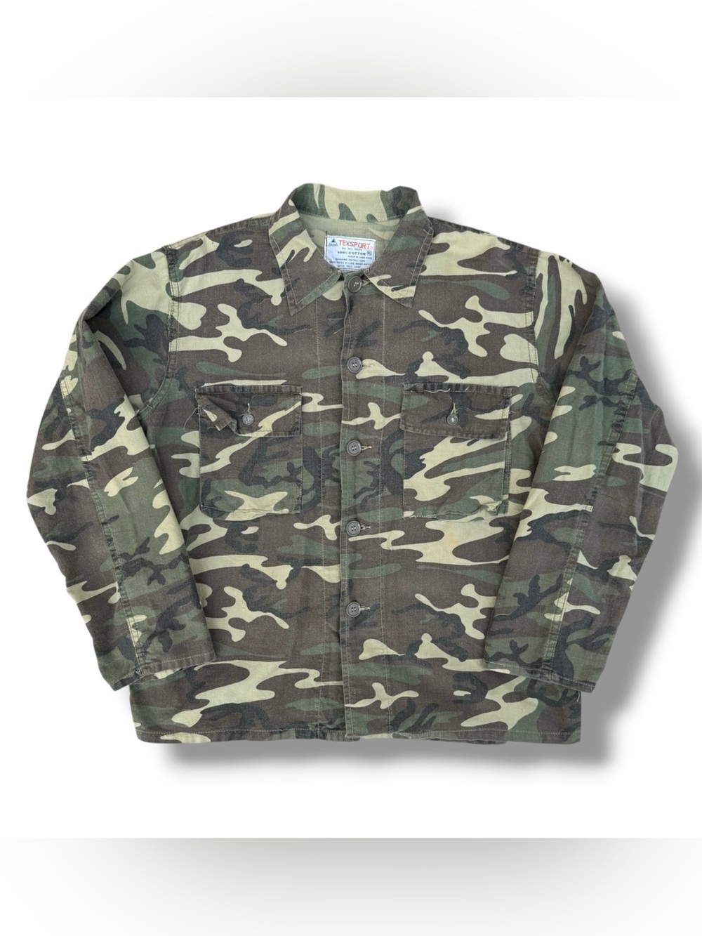 Vintage 80s Texsport Hunting Camo Canvas Button Down Shirt Size XL